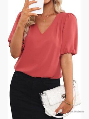 Business Casual Blouse with Puff Sleeves & V-Neck